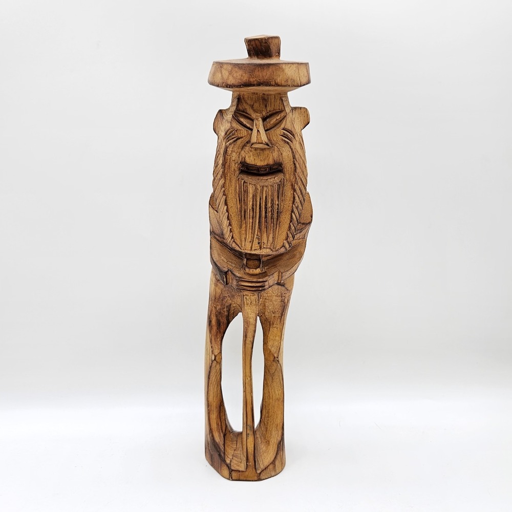 VTG Folk Art Hand Carved Old Man with Walking Stick Funny Big Butt Hobo 11.5"